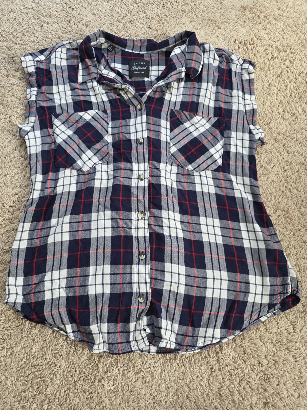 Jachs Sleeveless Plaid Button-Down Shirt in Navy, White & Red